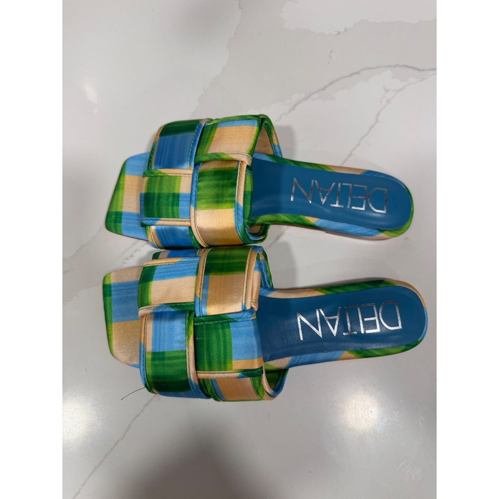 Deltan Woven Plaid Slide Sandals Green Blue Yellow Square Toe Leather Sole 6.5M - Picture 2 of 6